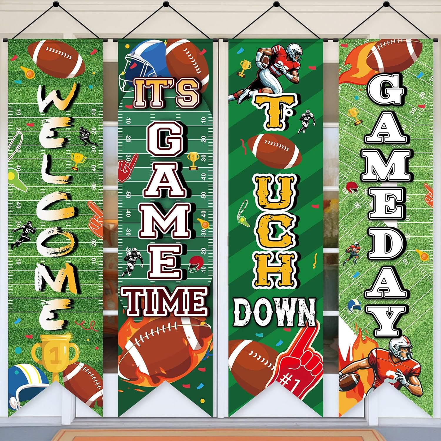 4PCS Football Field Banner Decorations Football Party Backdrop Background Game Time Welcome Hanging Door Banner for Sport Themed Birthday Indoor Outdoor Supplies Wall Door Decor
