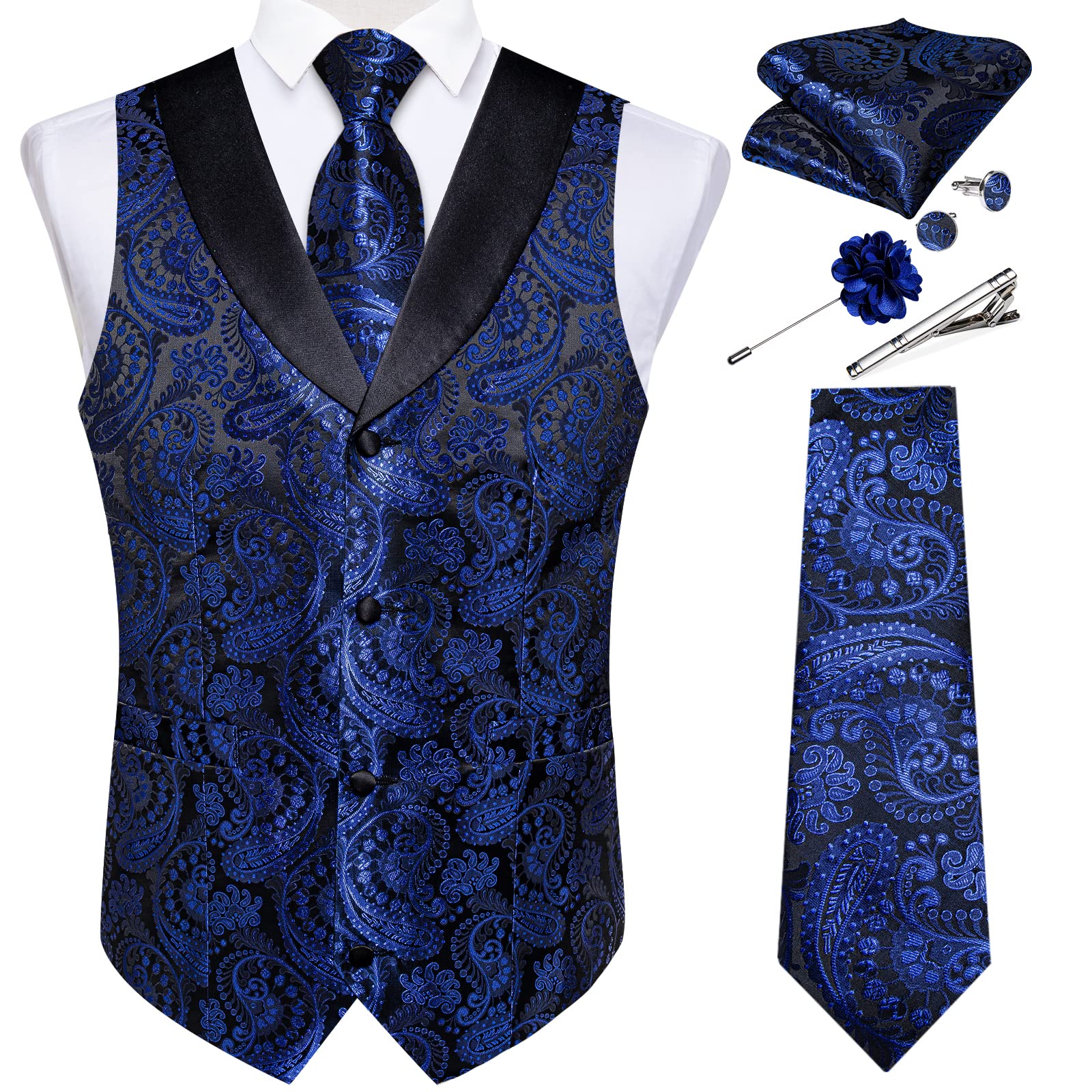 DiBanGu Mens Paisley Suit Vest Silk Jacquard Waistcoat and Necktie Set Formal Shawl Collar Dress Vest 7PCS for Wedding Party