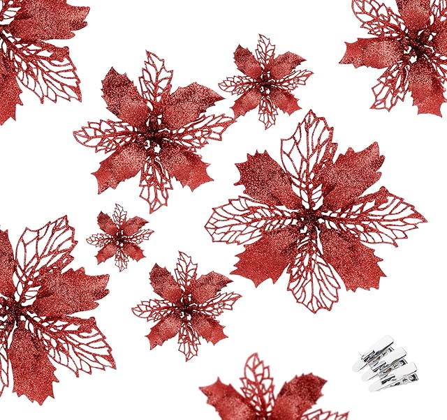 Poinsettia Artificial Christmas Flower 24 Pack Red Glitter Picks Silk Flowers with Clips Christmas Tree Ornaments for Xmas Wreaths Garland Holiday Decoration (9/11/15cm)