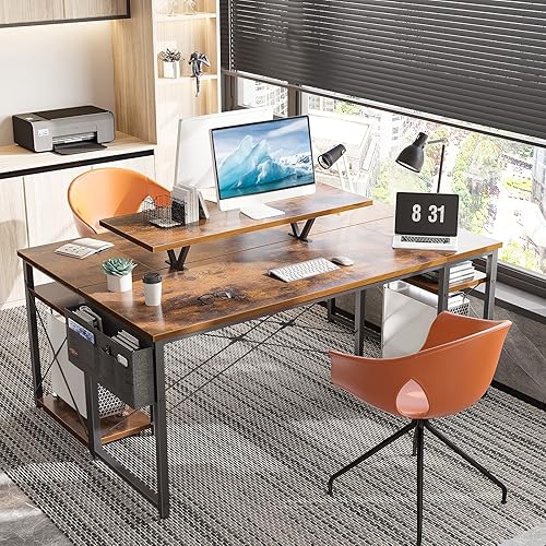 Miniatura 8 de ODK Escritorio para computadora de oficina en casa de 63 pulgadas con soporte para monitor y estantes de almacenamiento reversibles de 2 niveles,