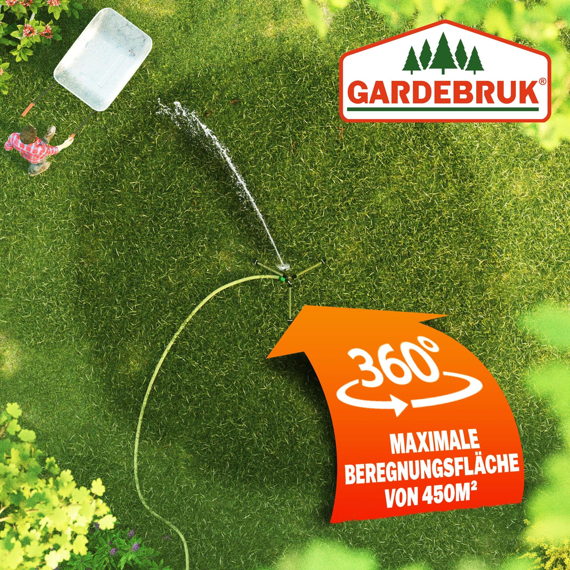 GARDEBRUK® Sprinkler mit Teleskopstativ Erdspieß Sprengweite bis 24m Garten Impulsregner Rasensprenger Sektorenregner Gartenbewässerung Wassersprinkler