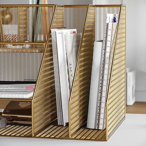 Miniatura 6 de Martha Stewart Ryder - Organizador de escritorio grande de metal de malla dorada con soporte para archivador de revista, soporte para bolígrafos y
