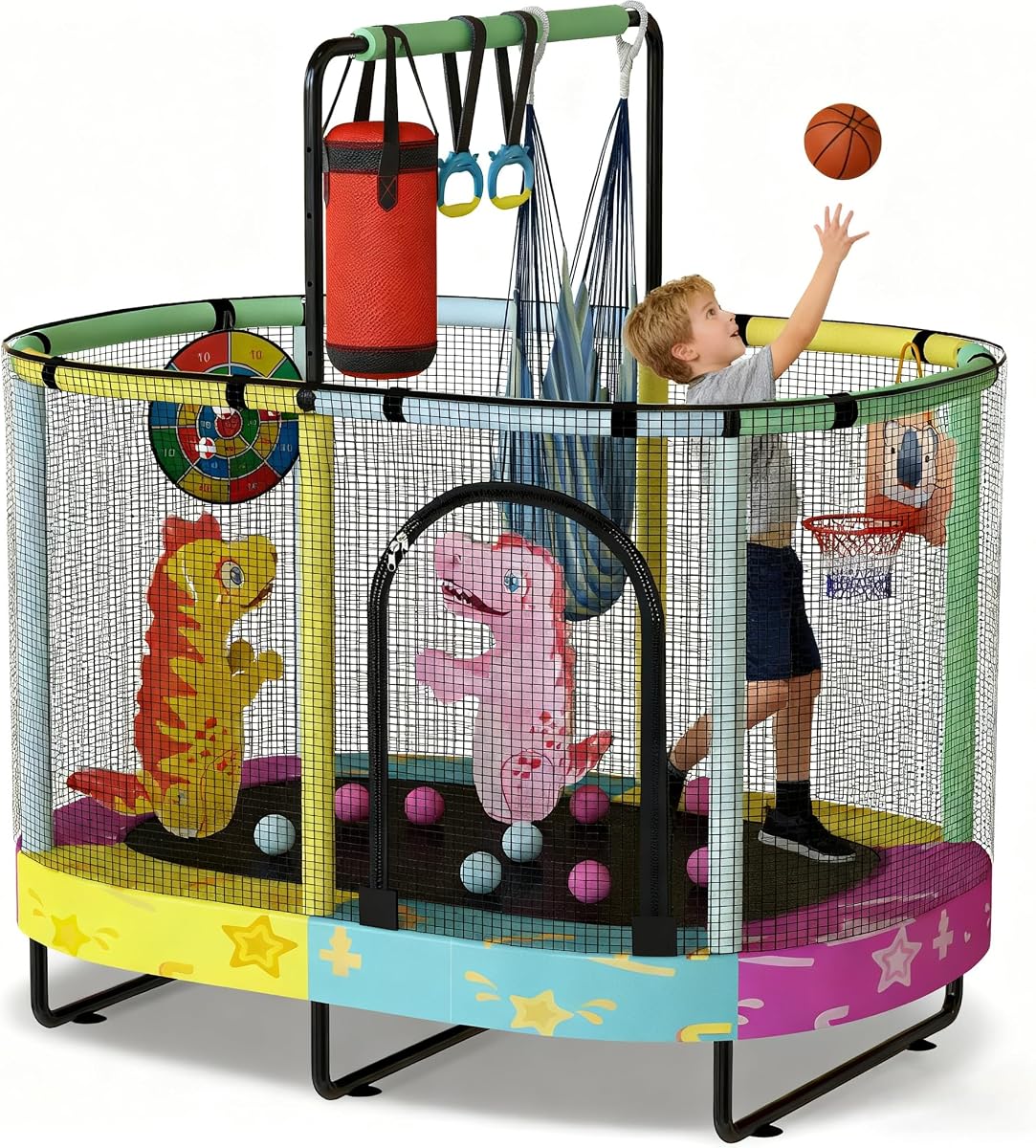 Trampolín para niños, trampolín interior aprobado por ASTM, red de seguridad y pasamanos ajustable, 1-8 niños, capacidad de 500 libras, 7 en 1, 60"