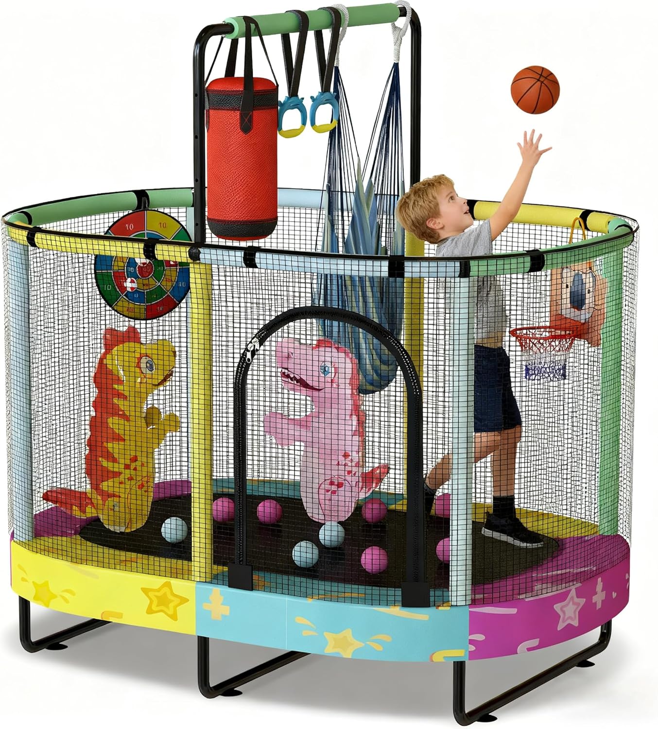 Lamerge Kids Trampoline, Indoor Trampoline Approved by ASTM, Safety Enclosure Net and Adjustable Handrail, 1-8 Children, 500lbs Capacity, 7-in-1, 60"