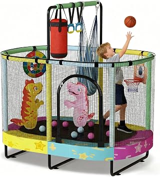 Kids Trampoline, Indoor Trampoline Approved by ASTM, Safety Enclosure Net and Adjustable Handrail, 1-8 Children, 500lbs Capacity, 7-in-1, 60"