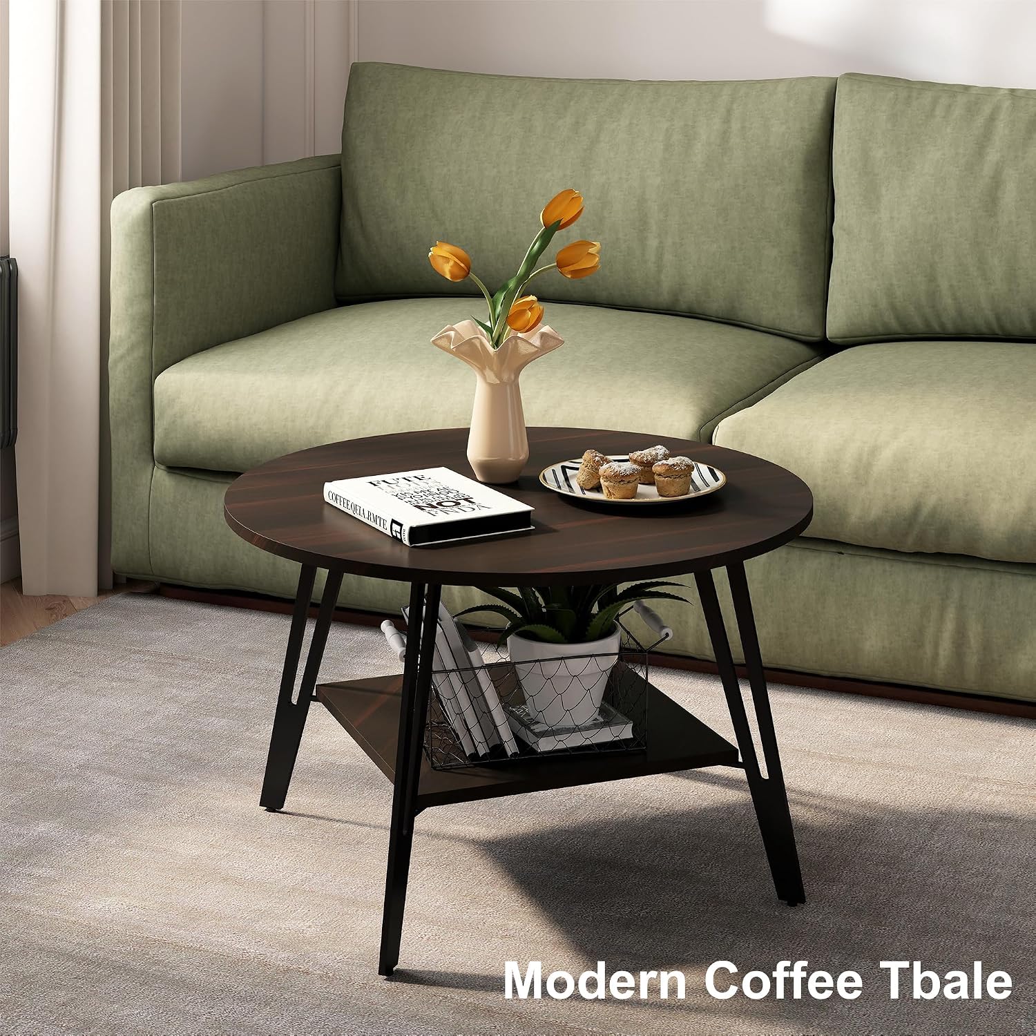 Manora Round Coffee Table, Modern Wood Round Center Table with Storage Shelf, Small Circle Coffee Table for Living Room, Home Office, Small Space, Apartment, Dark Brown