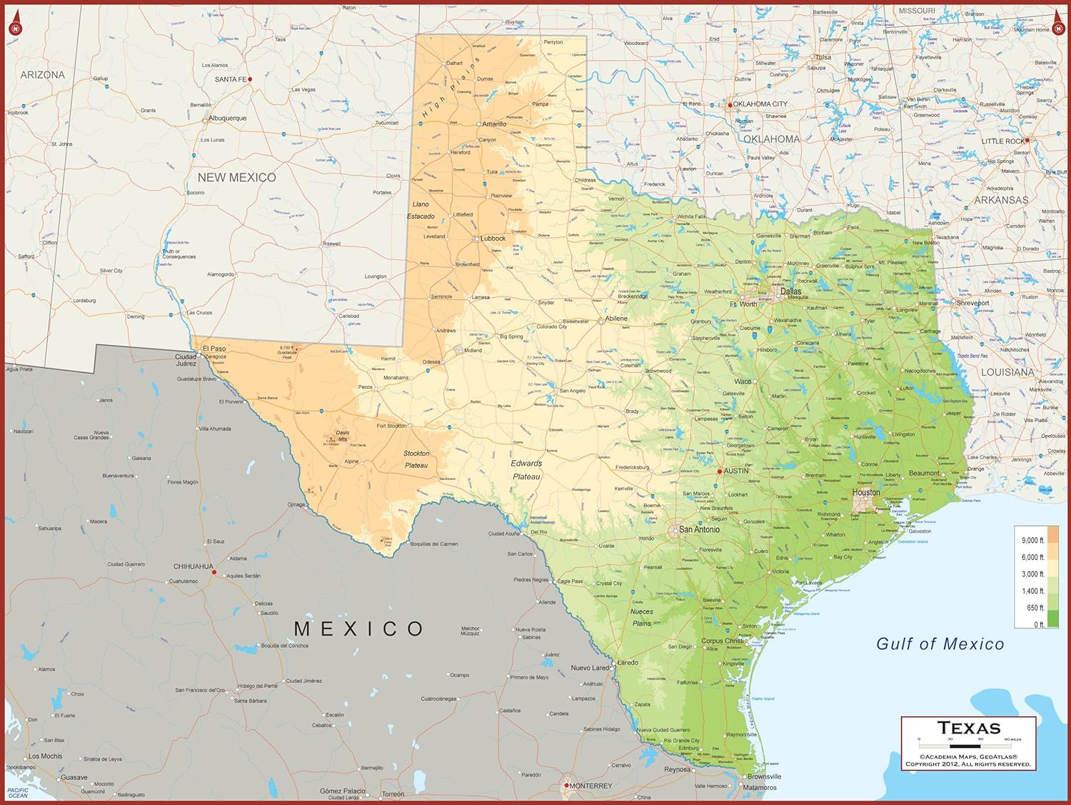 Texas State Wall Map Poster with Topography - Laminated - 60" x 45" - Safe for Use with Wet or Dry Erase Markers- Very popular for educators and homeschool!