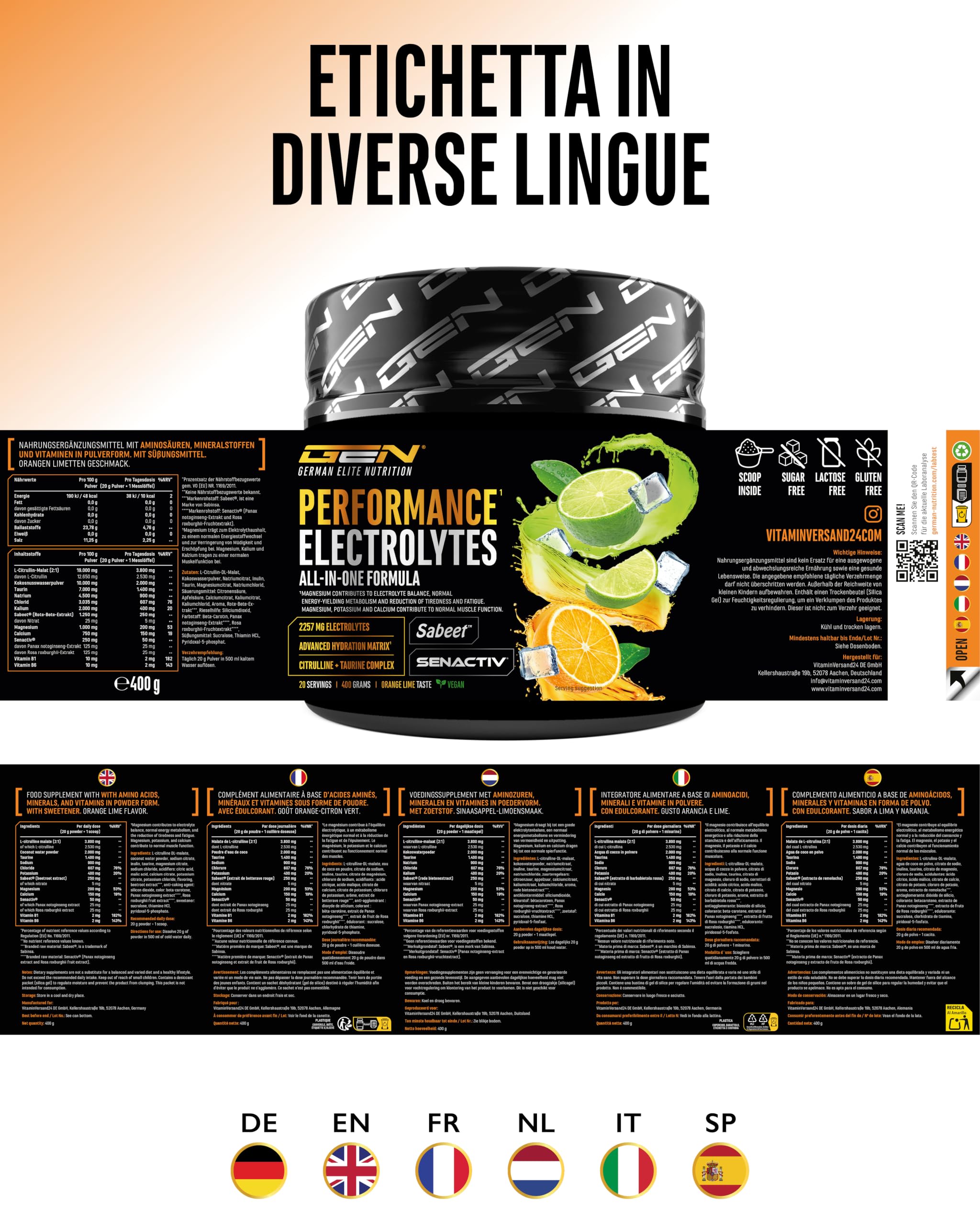 Performance Electrolytes - 400 g (20 Porzioni) - Advanced Hydration Matrix con Sodio, Potassio, Magnesio, Calcio e Cloruro - con Citrullina e Taurina - Senza Zucchero - Vegano - Gusto Arancia Lime