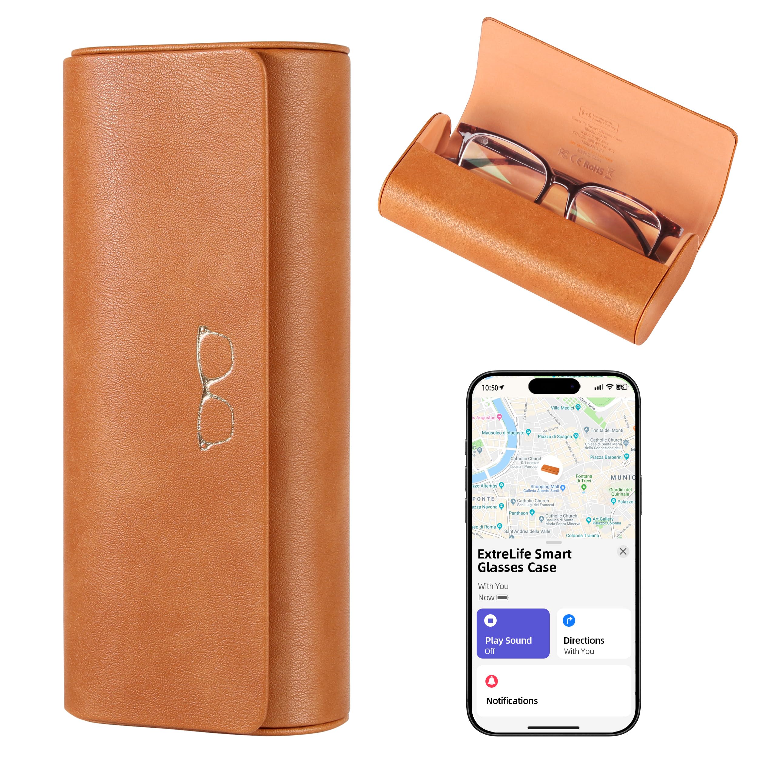 ExtreLife Smart Brillenetui, Funktioniert mit Apple Find My, Hartschalen-Sonnenbrillenetui für Damen Herren, Brillenetui mit GPS-Tracker, PU-Leder, Anti-Verlust, Wiederaufladbar, Braun