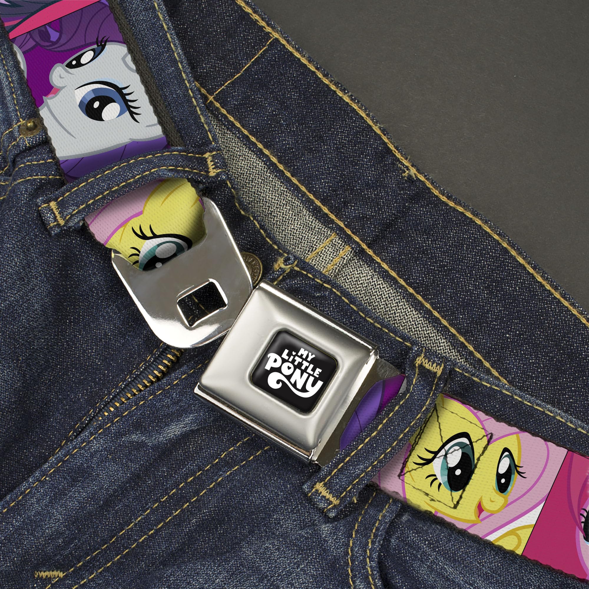 My Little Pony Belt, Seatbelt Buckle Belt, My Little Pony Mane Six Close Up Face Blocks Multi Color, Youth 20 to 36 Inches