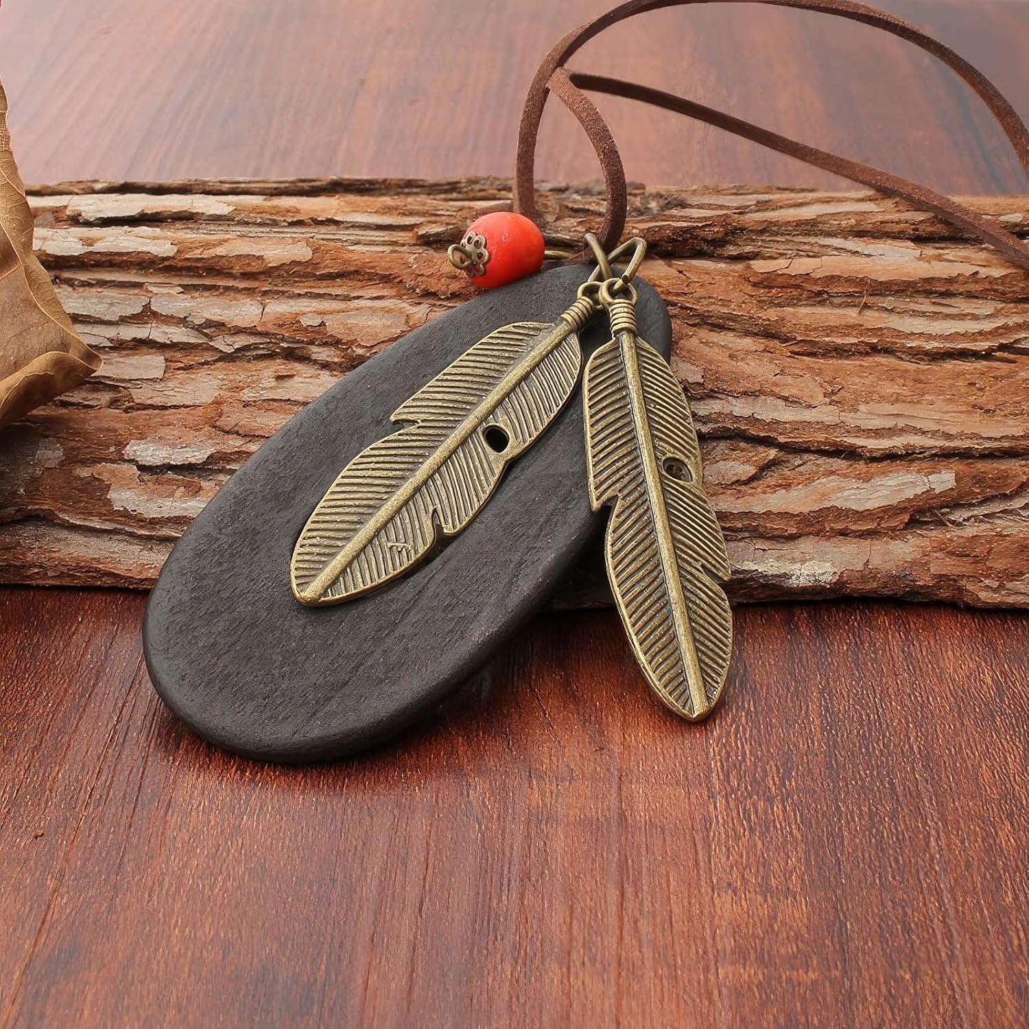 color cosplayer Leather Cord Necklace Vintage Style Wooden Leaf Boho Statement Long Necklace for Women Handmade Jewelry - Image 3