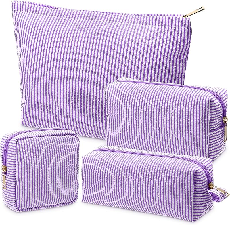 Sanwuta Conjunto de Necessaires de Maquiagem em Seersucker Listrado Roxo, Pacote com 4