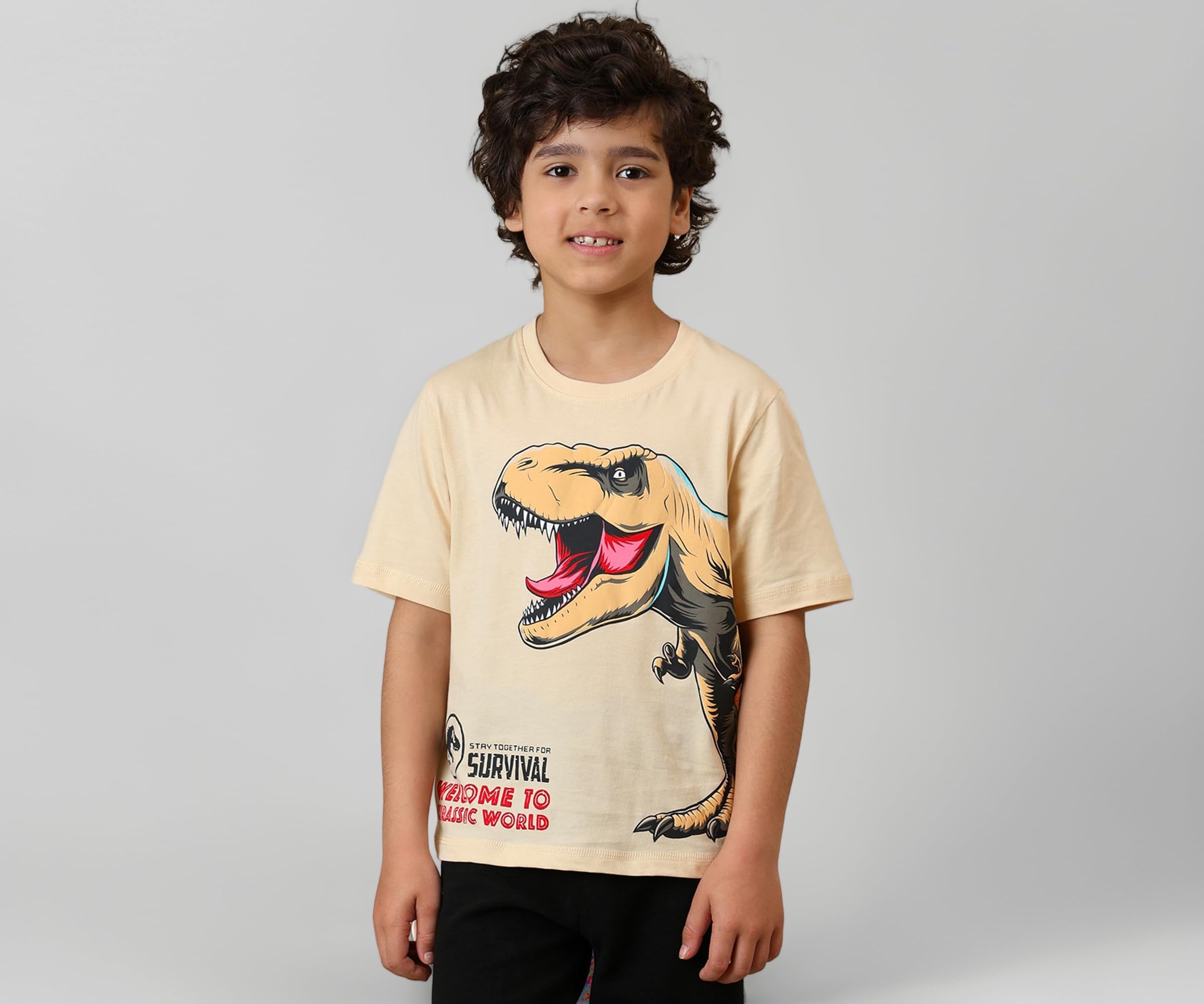 Official Jurassic World T-Rex Graphic Puff Printed Regular Fit Cotton Tshirt for Boys