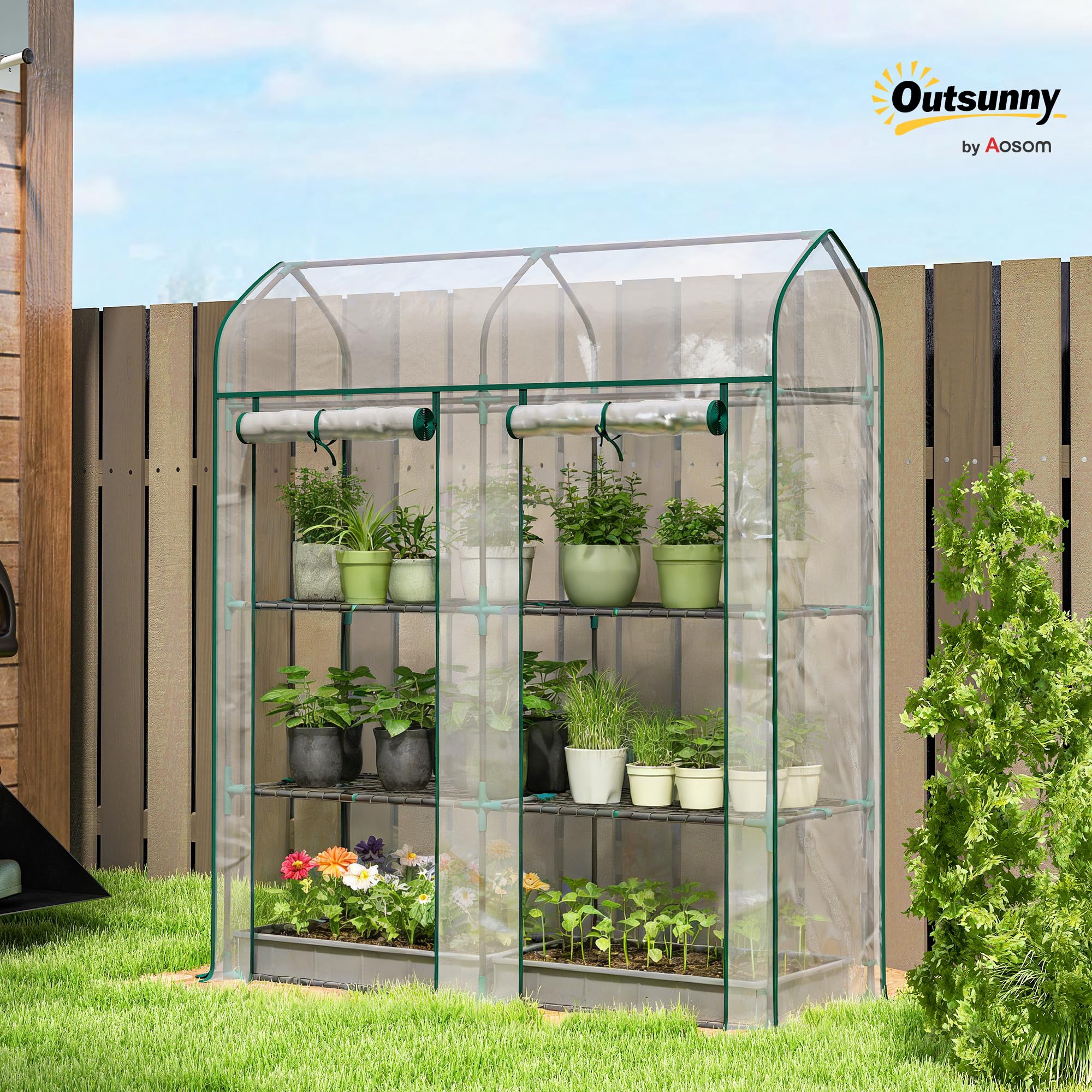 Outsunny Invernadero Pequeño de 3 Niveles 143x46x165 cm Transparente | Invernadero de Exterior, 2 Puertas Enrollables, Marco de Acero, Cubierta de Plástico Anti-UV, para Cultivar Plantas, Flores