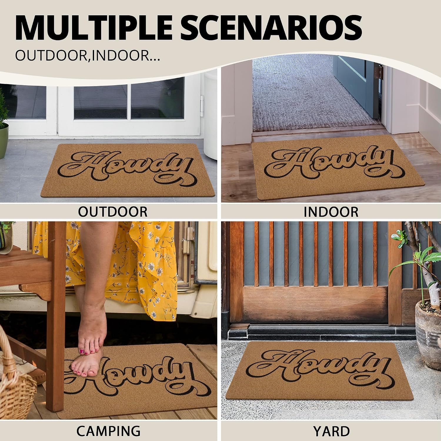 Howdy Western Cowgirl Door Mat, Funny Welcome Front Door Mat Indoor Outdoor Entrance for Cowgirls Girly Room, Retro Abstract Artificial Coir Doormat Rugs for Dorm Bathroom Entry Decor 30x17in