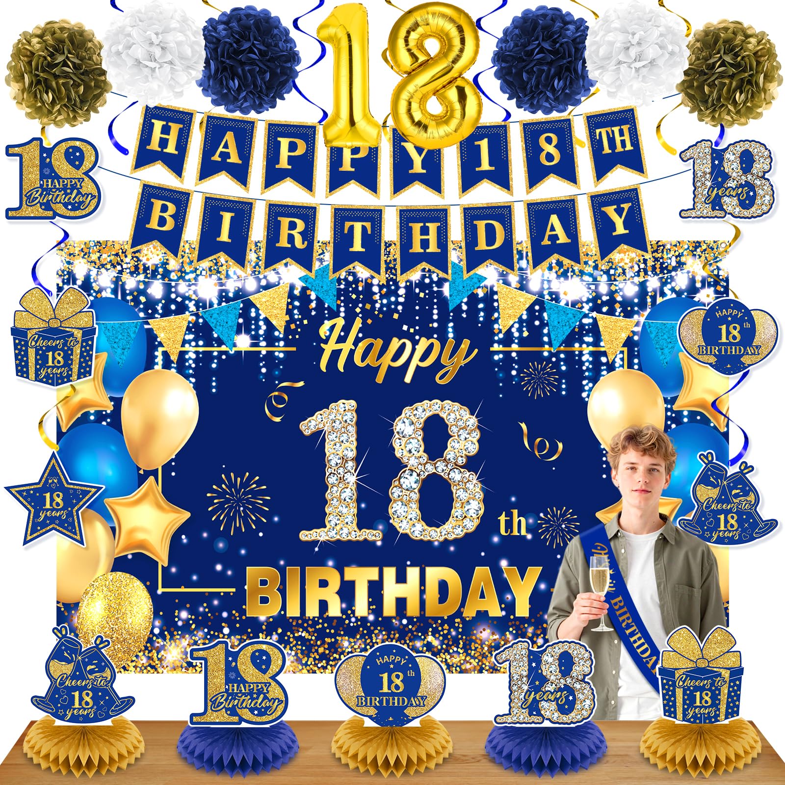 Photo 1 of Wayyogh Navy Blue Gold 18th Birthday Decorations Set