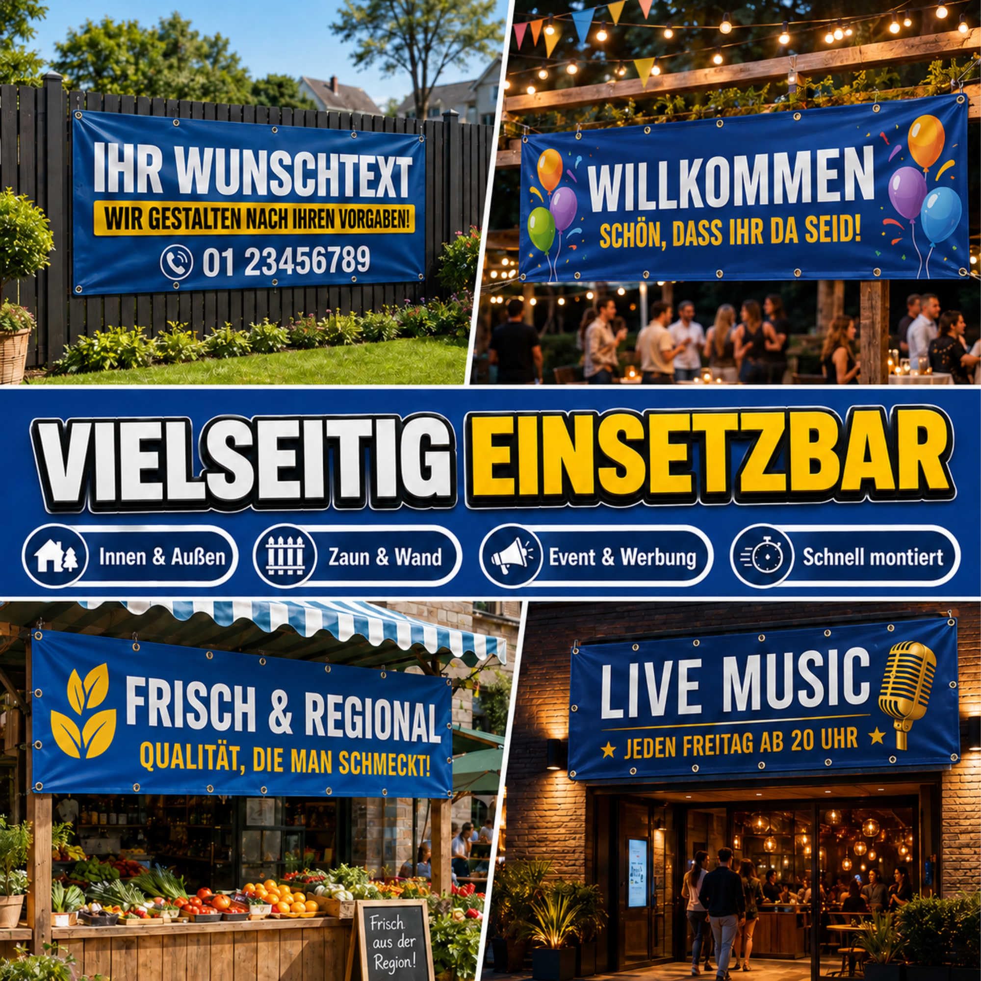 Banner selbst gestalten mit Foto, Wunschtext oder Bild - 100x100 cm - Plane personalisiert mit Saum & Ösen
