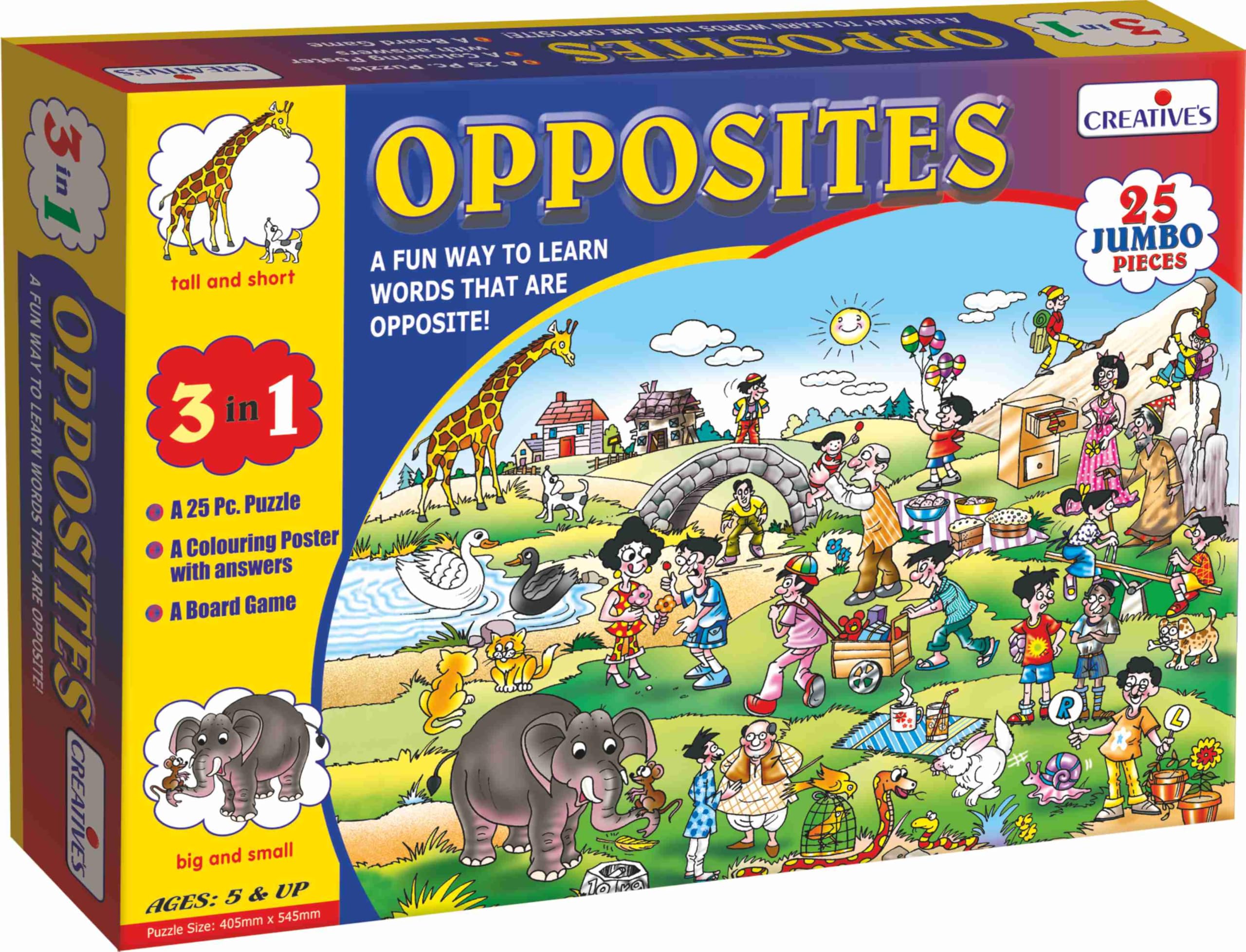 Creative's Opposites 3 in 1 | Educational Puzzles | Learning Opposite Words Puzzles | Fun Game for Kids | 25 Pieces Jigsaw Puzzles & Board Game | Ages 5 & Up