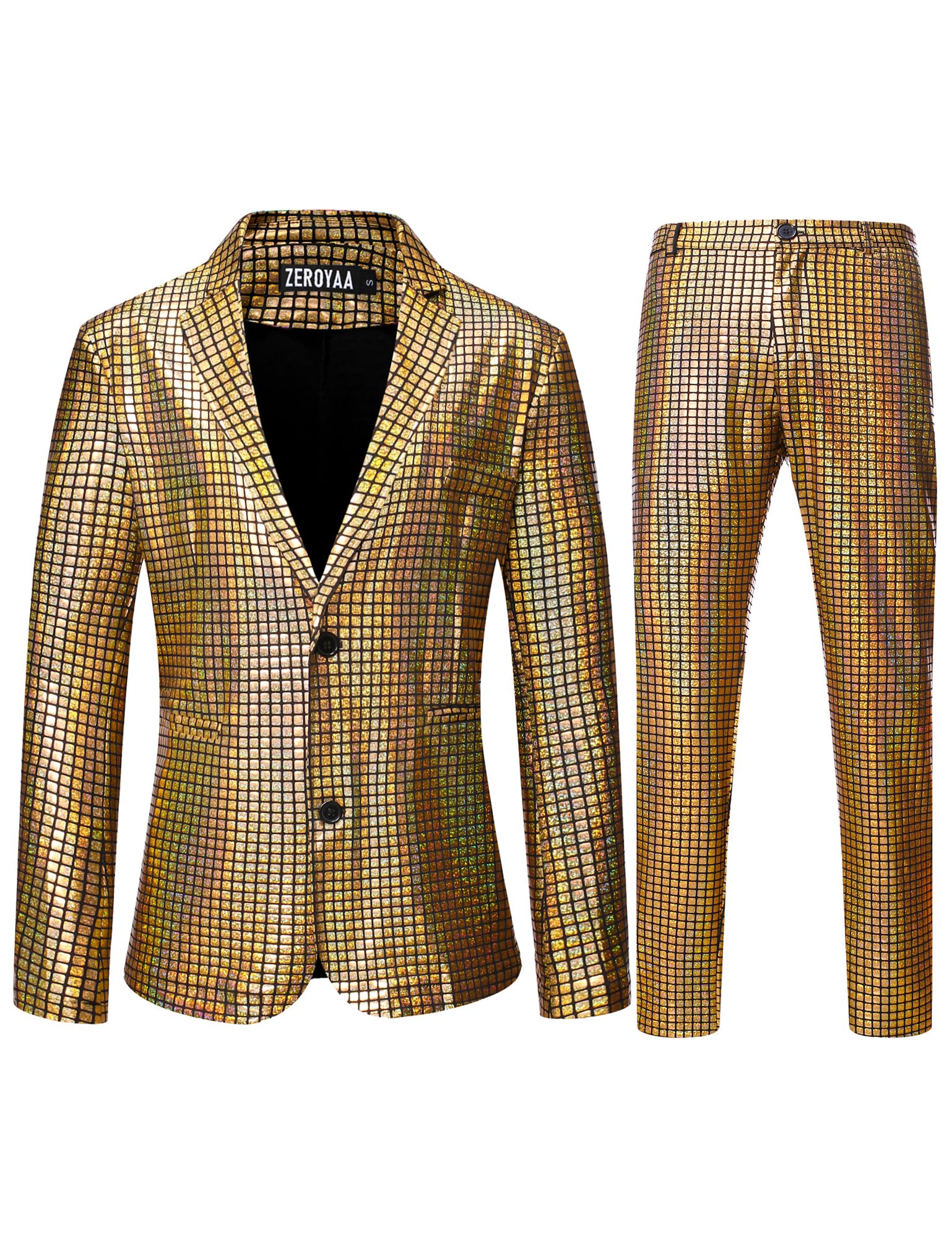 ZEROYAA Men's Metallic Shiny Suits Disco Sequin Blazer and Pants 2 Piece Sets for Party Prom
