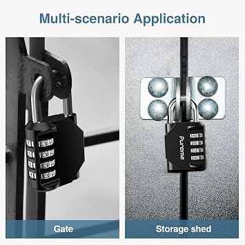Puroma 1 Pack Combination Lock Locker 4 Digits Combo Padlock Gym Black | For School Gate Fence Toolbox Hasp Storage, Outdoor, Resettable, Weatherproof, Side Window, Crack Cut Resist, Hardened Steel