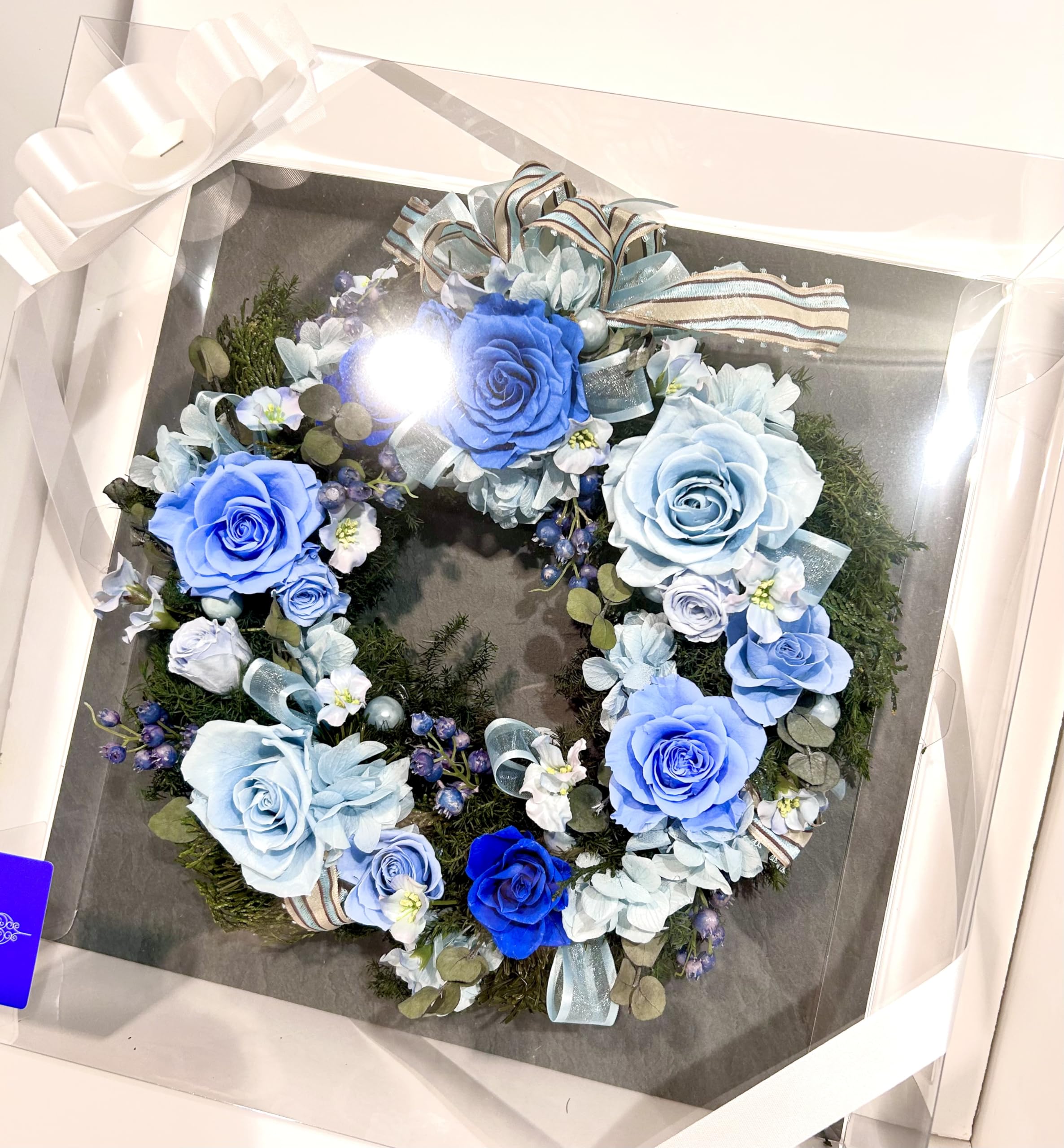 プリザーブドフラワーリース♡パームフラワーとブルーローズのリース プリザーブドフラワーリース♡パームフラワーとブルーローズの