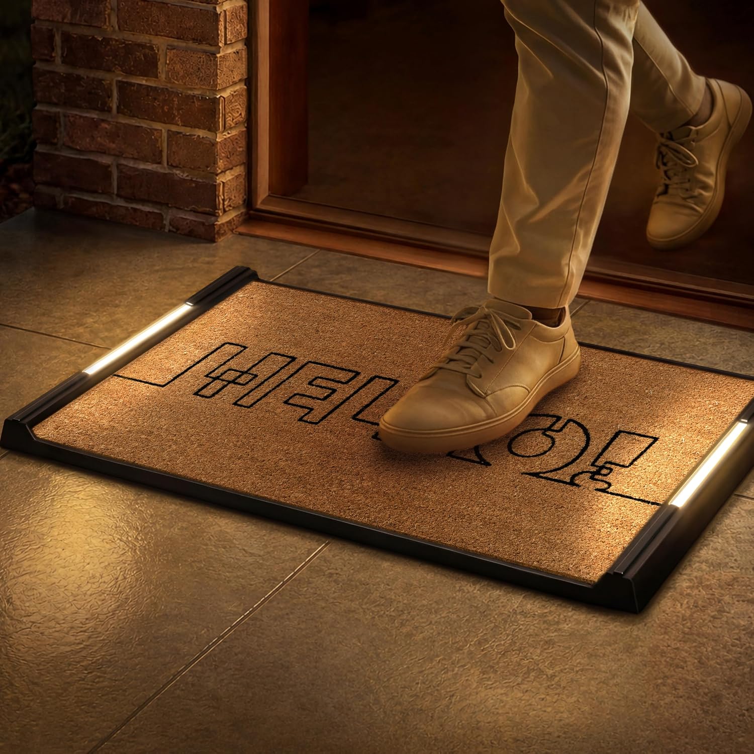 Anji Mountain BriteStep LED Doormat, 32.5x18.5in Pressure Activated Welcome Mat, All-Weather Front Door Mat, 18x30 Swappable Coir Insert, Wireless 3AA, Auto Shut-Off, Non-Slip Rubber Backing