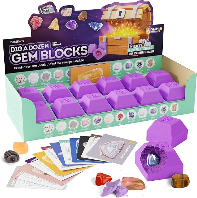 Dig une douzaine de blocs de pierres précieuses - Ouverture de la pause 12 Blocs de pierres précieuses uniques et découvrez 12 De véritables pierres précieuses - Minéraux & Collection Rock pour les enfants - Cadeau de science en géologie pour les garçons & Filles