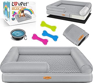 Lovpet® Orthopädisches Hundebett Hundekissen Hundekorb Relax, Inkl. Napf + 3X Kauknochen, Hundesofa für Kleine, Mittelgroße & Große Hunde, Bezug abnehmbar und waschbar, 106x80x22cm Grau product image