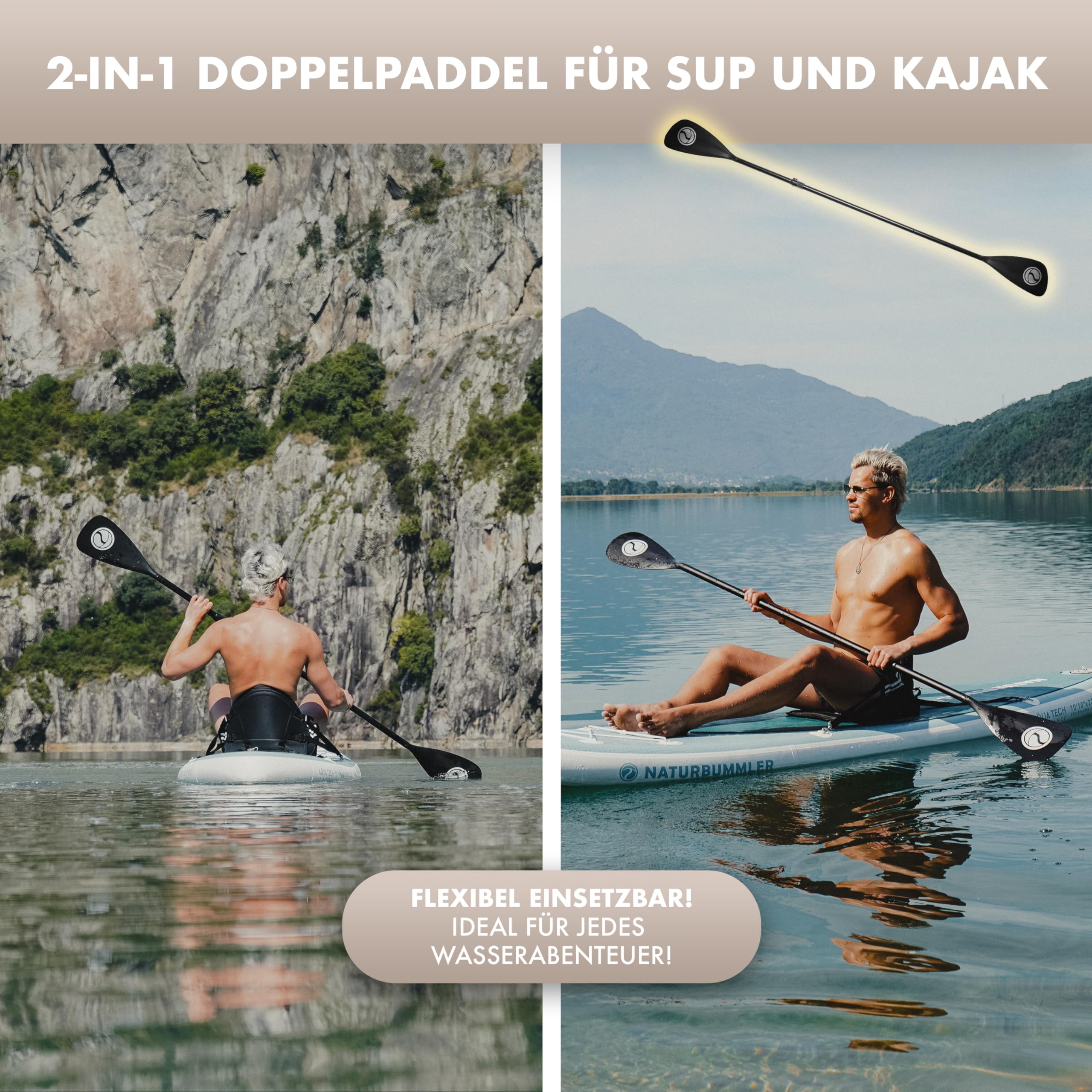 NATURBUMMLER SUP Paddel [2-in-1] Doppelpaddel – Ultraleicht & stufenlos verstellbar – Aluminium Paddel mit T-Griff für Stand Up Paddling & Kajak – Zubehör für Dein Wasserabenteuer (Schwarz)