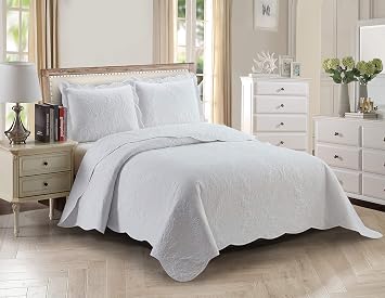Home Collection 3pc King/Cal King Over Size Elegant Embossed Bedspread Set Light Weight Solid White New