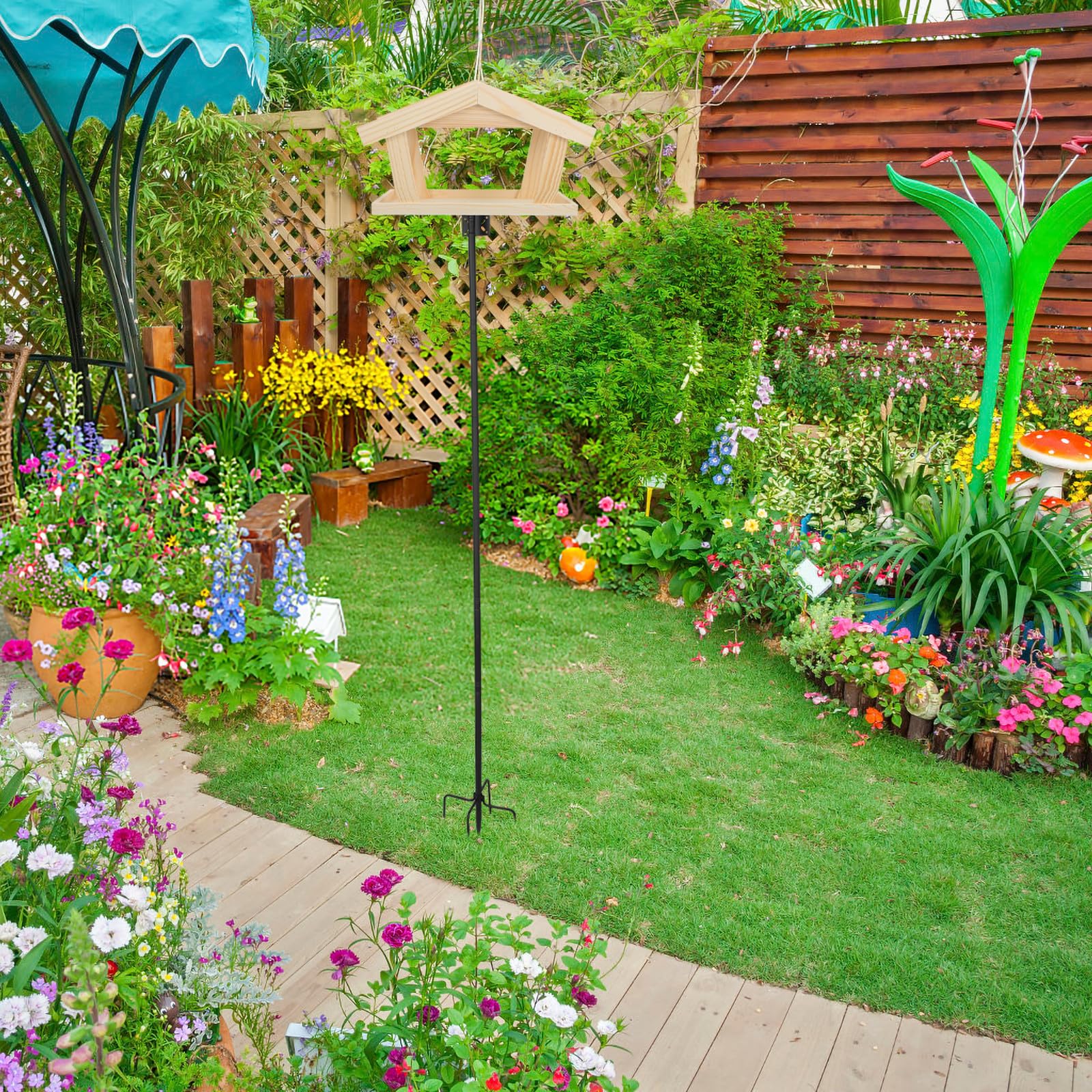 Healeved Soporte Regulable Diseño Independiente Base de 5 Puntas de Hierro Negro para Comederos de Pájaros para Jardín y Patio