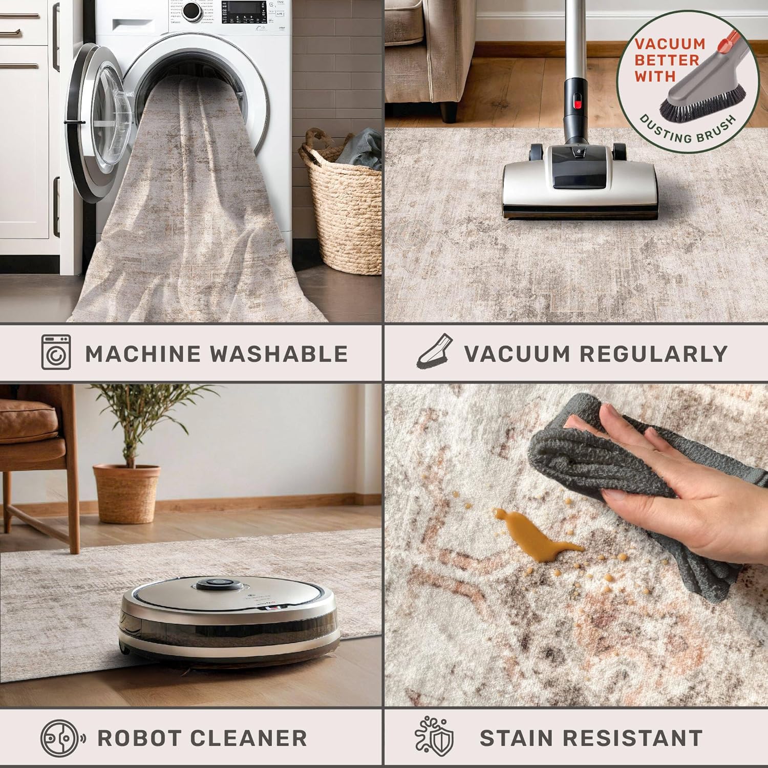 2x6 Washable Bathroom Runner Rug, Non Slip Low Pile Runner with Rubber Backing for Hallway, Kitchen and Entryway, Beige Tan Modern Farmhouse Home Decor