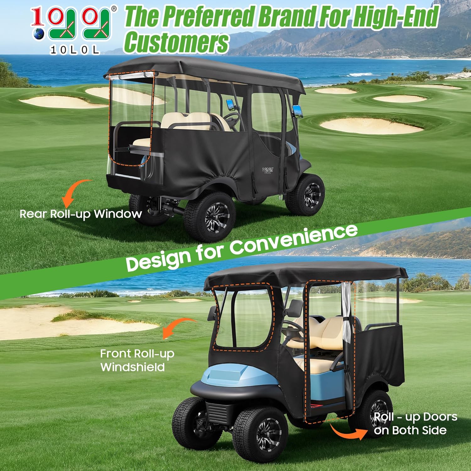 10L0L 4 Passenger Golf Cart Driving Enclosure for Club Car Precedent/Onward/Tempo with Extended Roof 94.5", 4-Sided Clear Window 600D Rain Cover All Weather Windproof Waterproof, Black