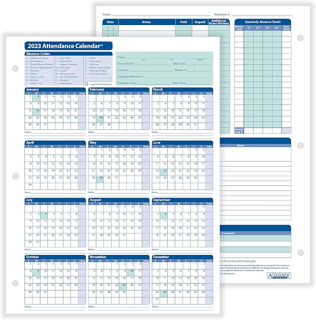 ComplyRight 2023 Attendance Calendar Card, White, Pack of 25