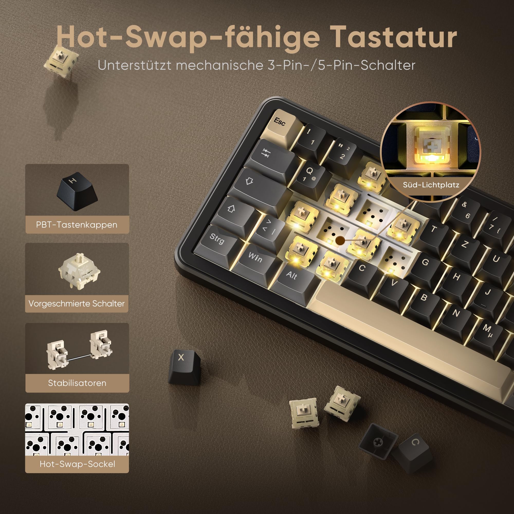 RedThunder K65 Kabellose Mechanische Gaming Tastatur, QWERTZ 67 Tasten, RGB, Fünfschichtige Polsterung Struktur, BT/USB-C/2,4GHz, Hot-swap, 4000 mAh, Gaming Tastatur für Windows, Mac, Xbox, PS4 PS5.