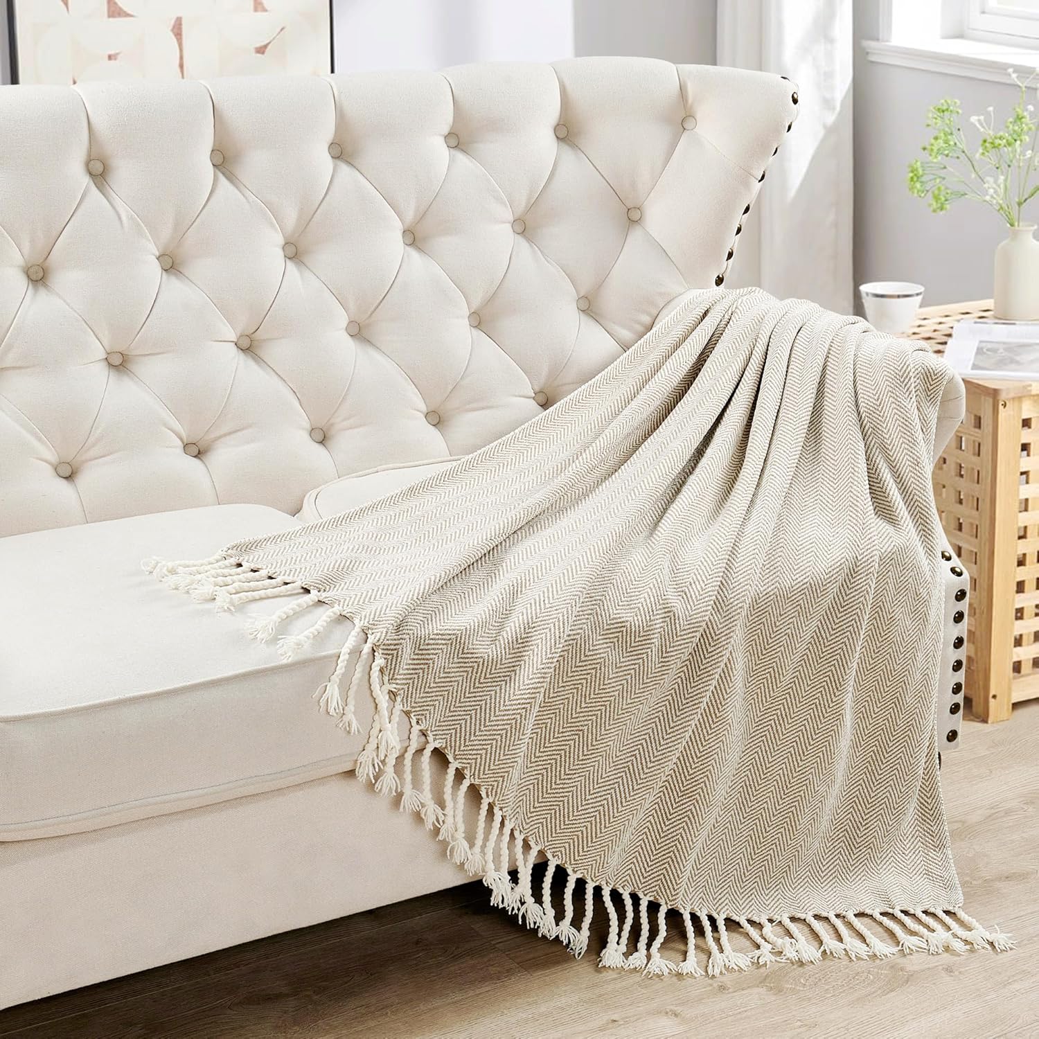 Herringbone Knitted Two Tone Throw Blankets with Braided Tassel Fringe, Boho Farmhouse Lightweight Turkish Throw Blanket for Couch Bed Sofa, Picnic, Yoga, Outdoor Blanket, 50 x 60 Inch, Beige