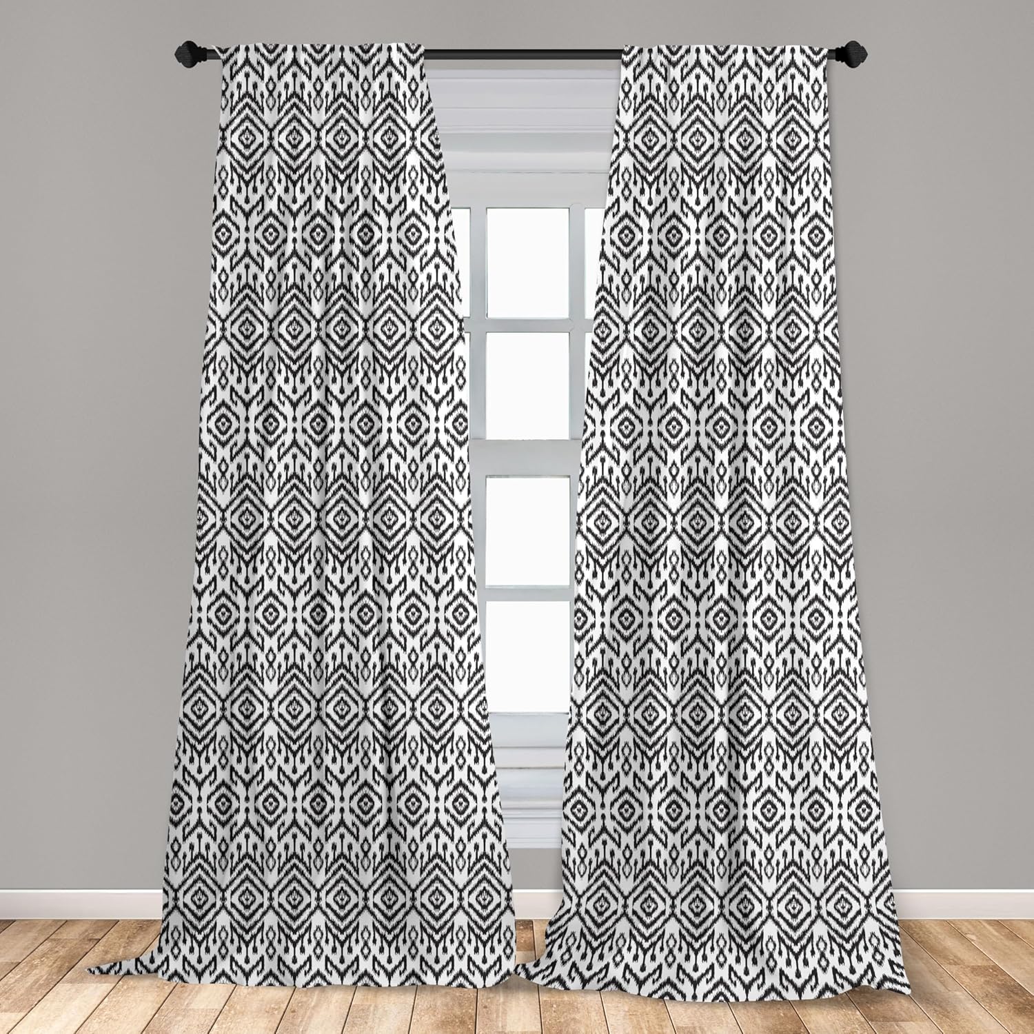 Ambesonne Black and White Curtains, Monochrome Ikat Pattern Bohemian Chevron Modern Scribble Print, Window Treatments 2 Panel Set for Living Room Bedroom, Pair of - 28" x 95", White and Charcoal