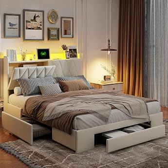 BRILVERDE Upholstered Bed 160 x 200 cm with Storage Space Drawers Double Bed with LED/USB Youth Bed with Headboard Bed Frame with Slatted Frame Velvet Beige 160 x 200 cm
