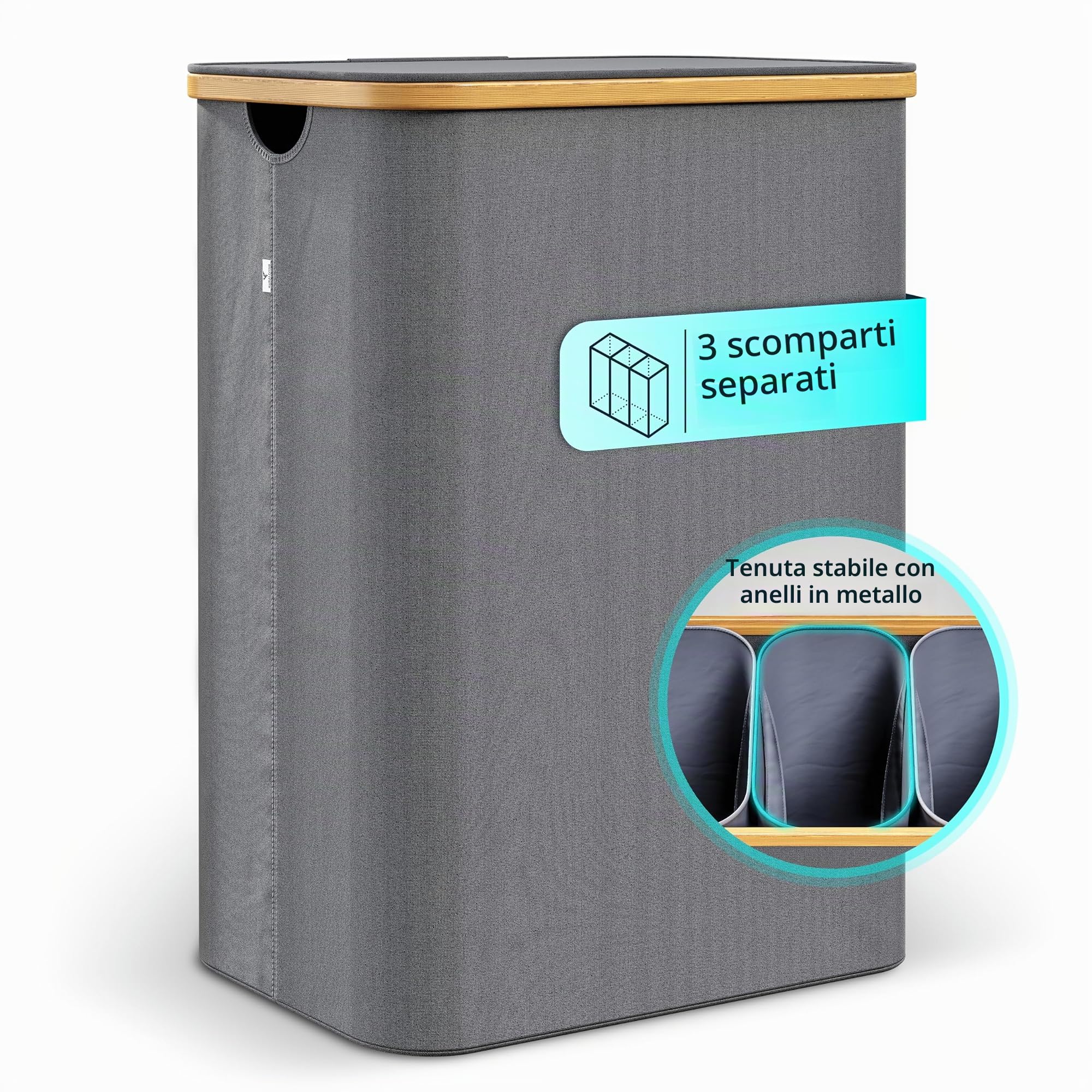 Auraliving, cesto portabiancheria a 3 scomparti, 160 l, con coperchio, telaio in bambù e anelli in metallo stabili, pieghevole, sottile e con 3 sacchetti rimovibili e lavabili, colore: grigio