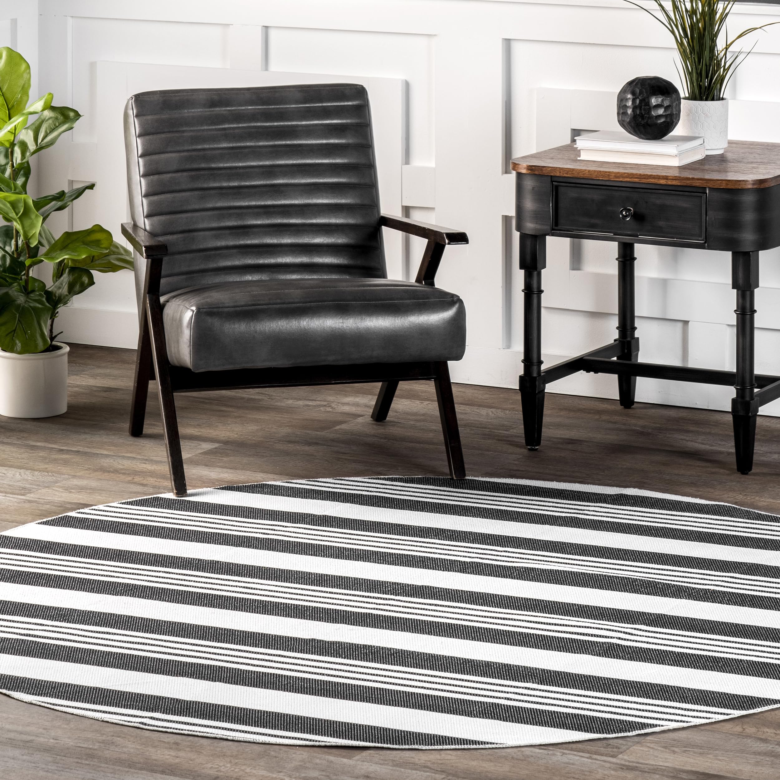 Tapis rayé rond lavable nuLOOM Lena gris 2,4 m grand salon design