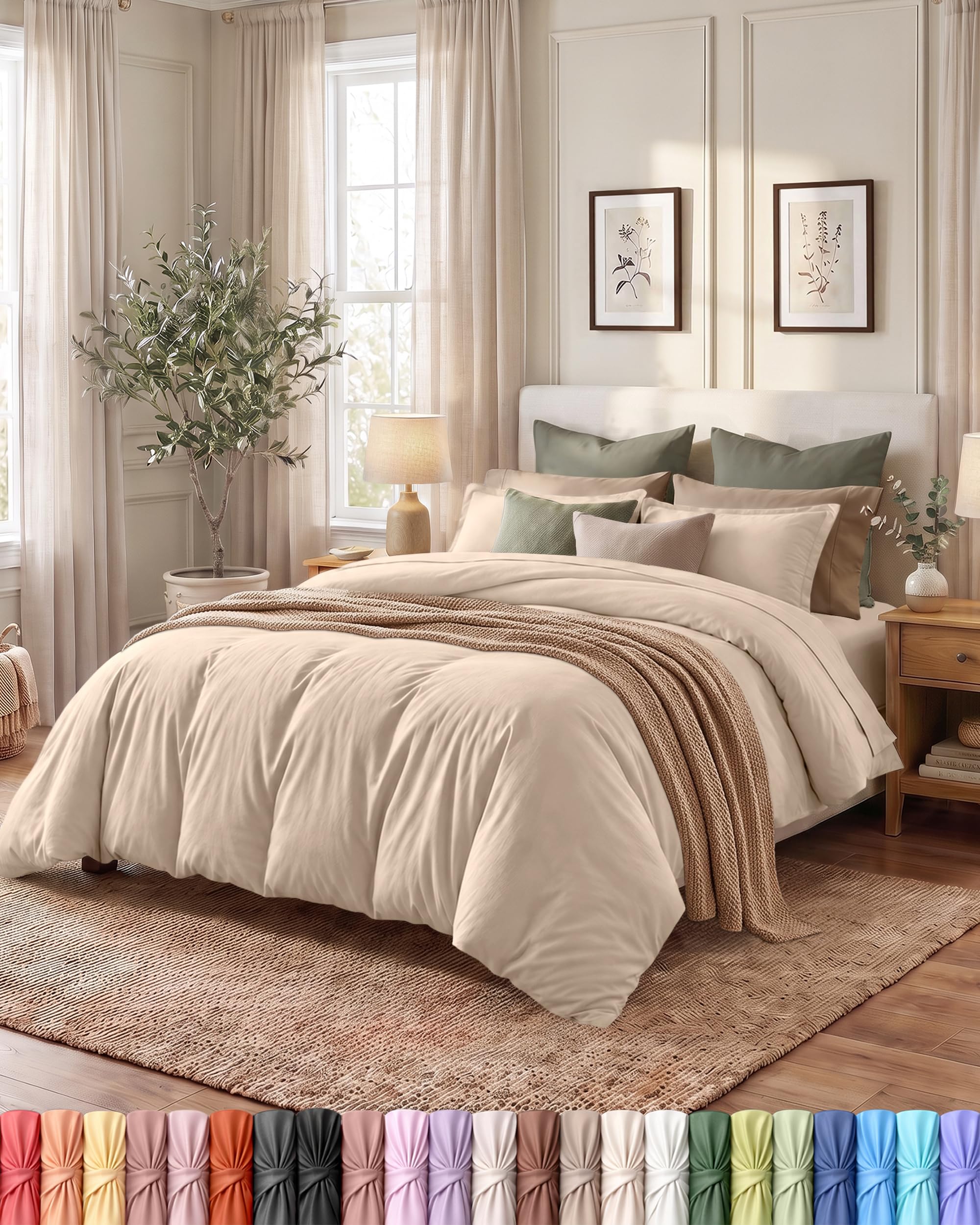 Duvet Cover Queen, 3 Piece Cotton Like Polyester With Zipper Closure, Beige