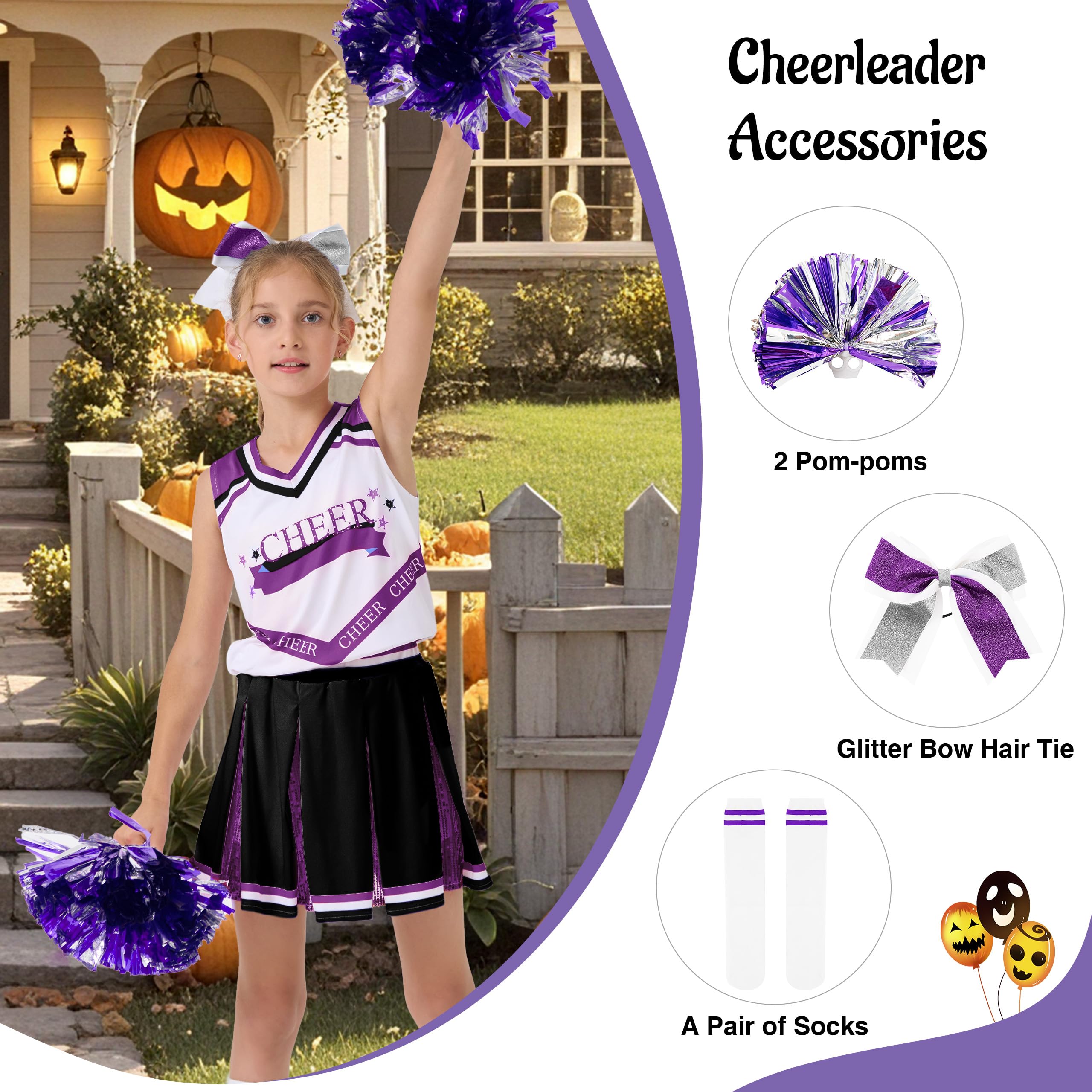 LOLANTA Girls Purple Cheerleader Costume Kids Cheerleading Outfit with Pompoms Socks - Image 4