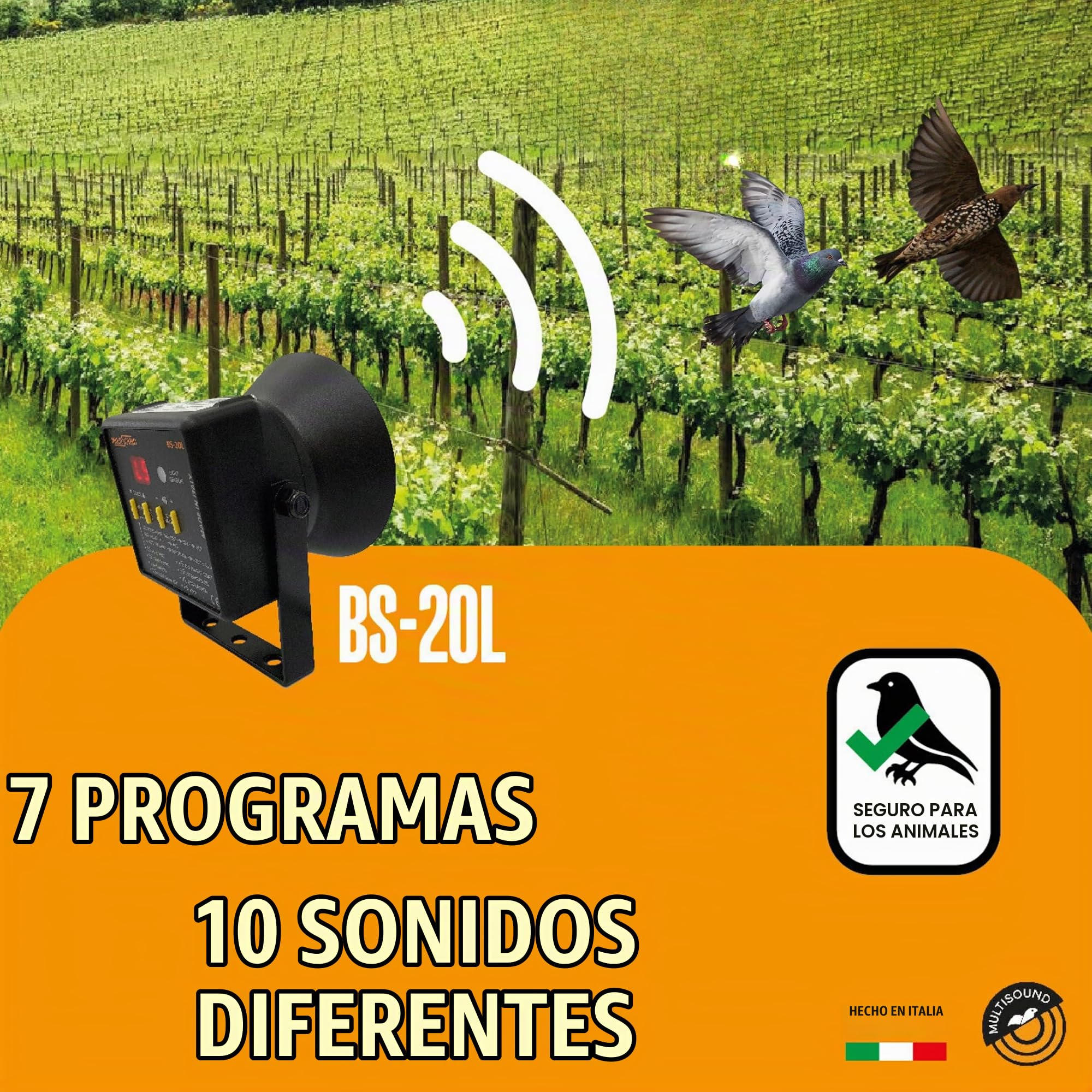 MultiSound Ahuyentador de Aves y Palomas, Tórtolas, Estorninos, Gaviotas, Cuervos, Pájaros Carpinteros, Abejarucos | Espantapajaros Sonido Disuasorio de Aves y Animales Salvajes (AGRÍCOLA 22)