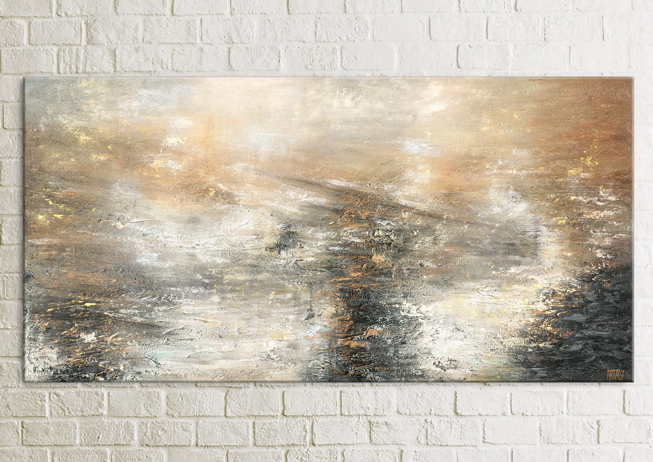 YS Tableau peinte à la main art abstrait modern Puissance élémentaire tons gris et noirs avec or Décoration intérieure Surface texturée 140x70 cm