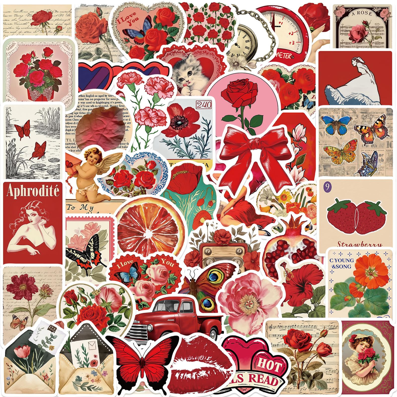 50pcs Red Aesthetics Stickers for Girl, Cute Vintage VSCO Waterproof Vinyl Decal for Women Teen Adult Student Water Bottle Laptop Phone Computer