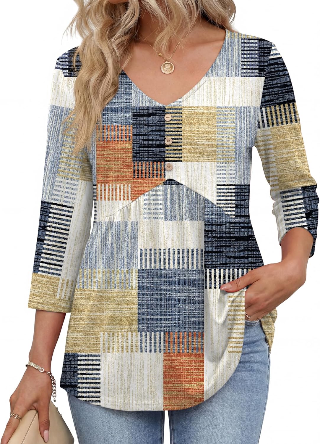 AKEWEI 3/4 Sleeve Babydoll Tops for Women Peplum Shirts Ladies Tunics and Blouses Dressy Casual Spring Fashion Clothing