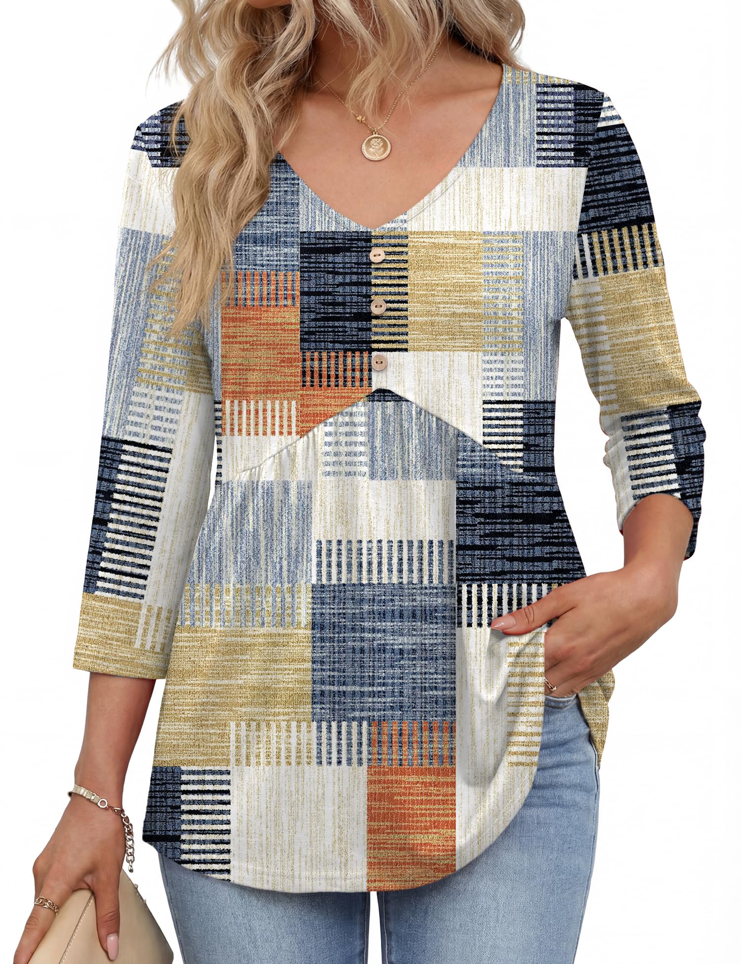 Rapbin Bluse Damen 3/4 Arm Shirt V-Ausschnitt Oberteil Elegant Button Blusenshirt Sommer Tops Locker Shirt Lässig Tunika Business Outfit