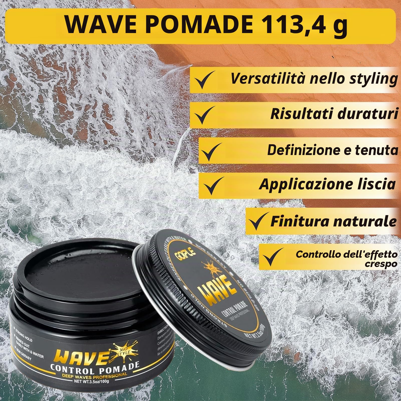 360 Wave Pomade Unguento Ondulato Per Gli Uomini, Tenuta Forte, Lavaggio Facile, Crema Per Capelli Allenamento A 360 Onde, Grasso Ondulato Per Gli Uomini