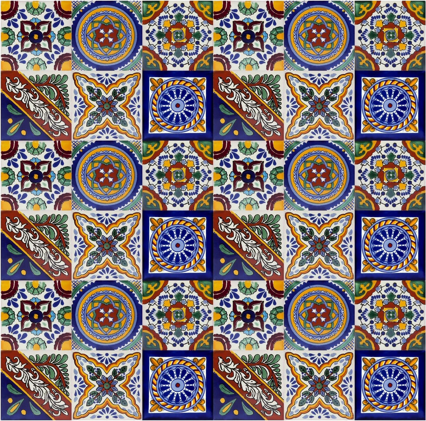 Mexican Ceramic Tiles - Ramon by Cerames - 30 Decorative Mexican Mosaic Tiles for Bathroom, Kitchen, Shower, Stairs, Living Room, Kitchen backsplash | Mexican Tiles backsplash 10,5x10,5 cm