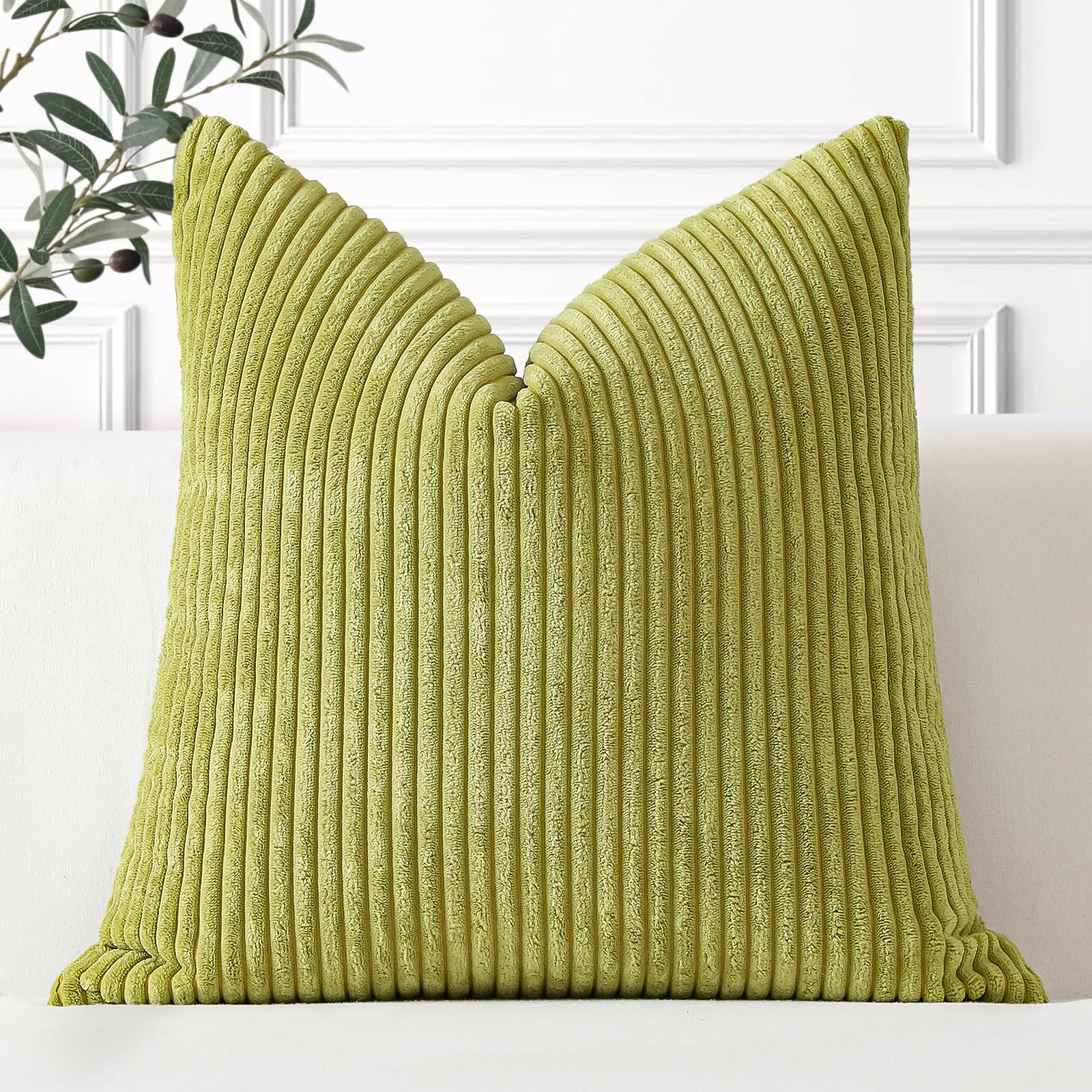 Artscope Cozy Striped Corduroy Cushion Cover 55x55cm Super Soft Decorative Square Throw Pillow Covers Case for Sofa Couch Bedroom Car Decor 22 x 22 Inches, Apple Green